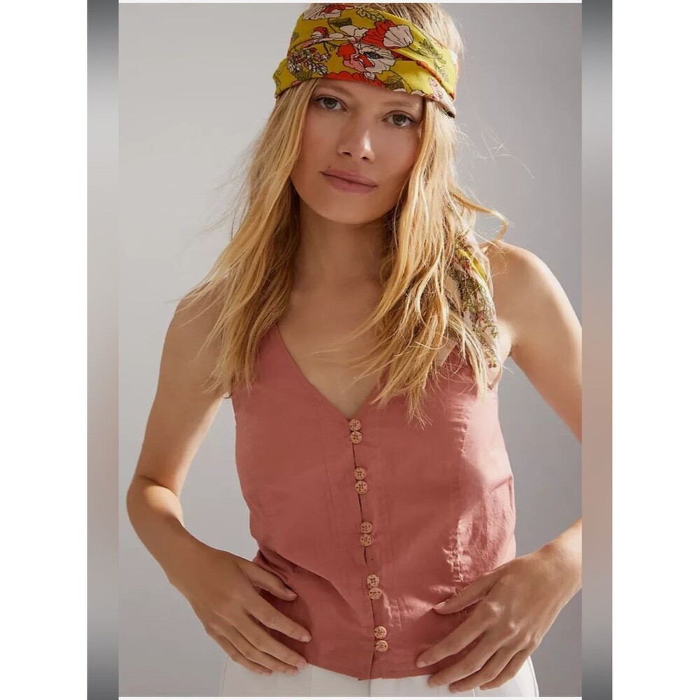 Anthropologie Coral Button-Front V-Neck Tank Sz 12 Boho Cottage Festival Neach